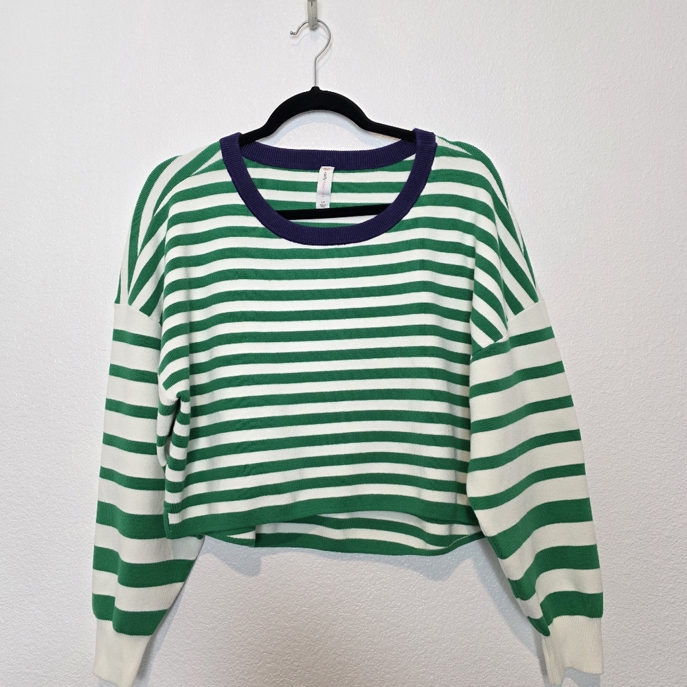 Daily Practice Anthropologie Striped Boxy Crop Sweater Green White Size Large - Picture 4 of 11